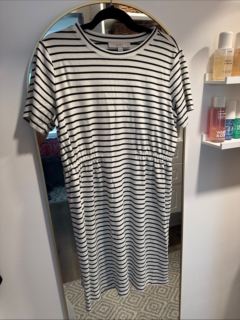 LOFT Women’s White and Black Striped Gathered Waist Dress Large Tall